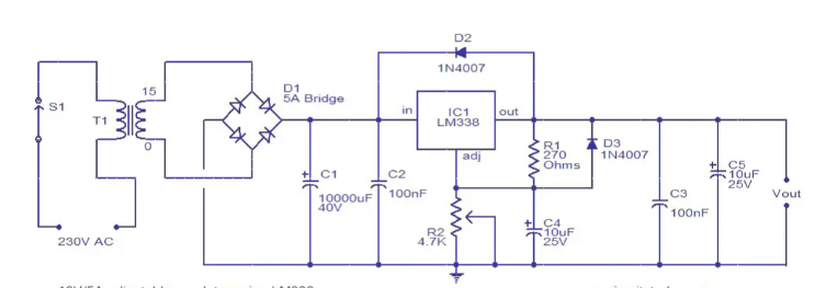 LM338 adjustable voltage regulated power supply circuit diagram