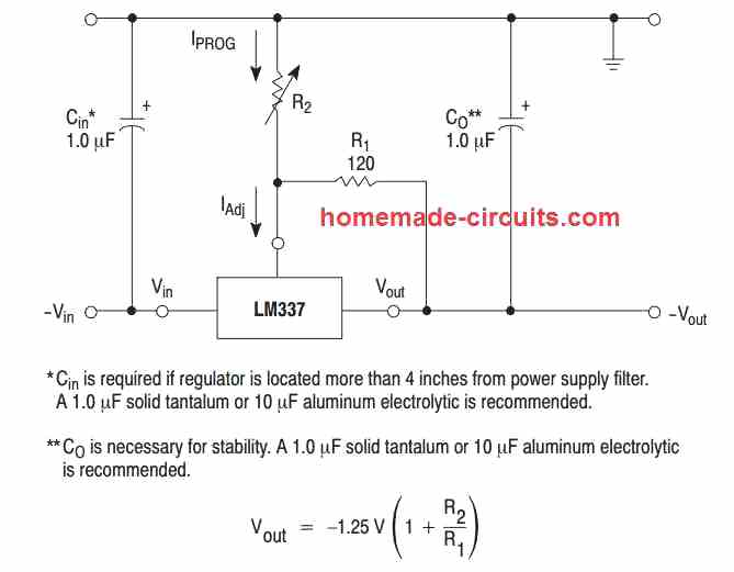 Negative adjustable voltage regulated power supply LM337 application circuit