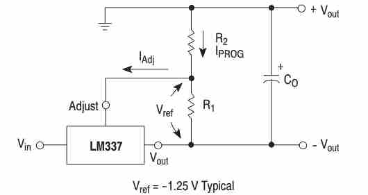 Basic LM337 application circuit for fixed programmable resistor values