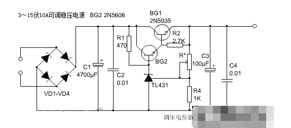 Output large current regulated voltage adjustable power supply, 3~15V 10A adjustable regulated voltage power supply circuit diagram