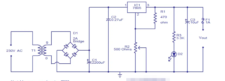 7805 adjustable voltage regulator circuit diagram, 7805 circuit analysis