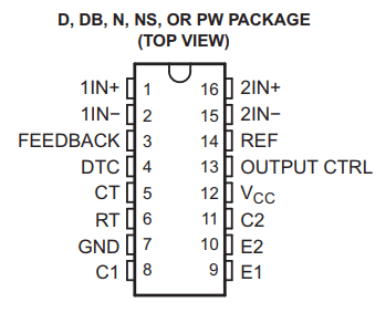 TL494 pin functions/configuration/ratings/operating conditions/layout diagram