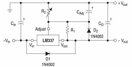 LM337 application circuit showing how to use protection diodes