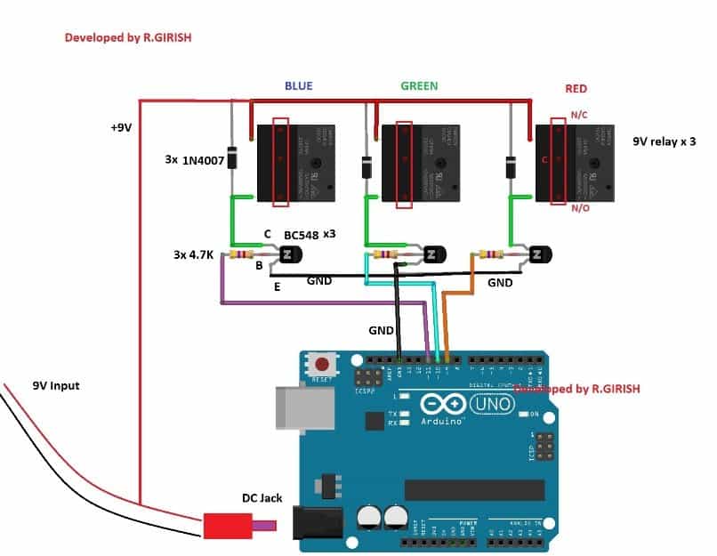 relay connections the Arduino and TCS3200 colour sensor