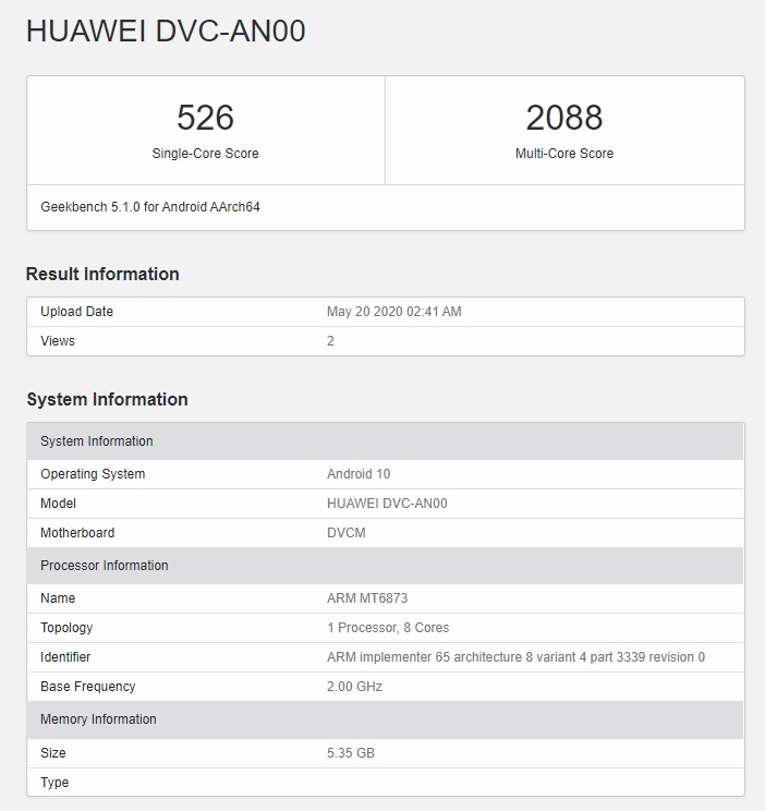 Geekbench现华为新机,搭载天玑800
