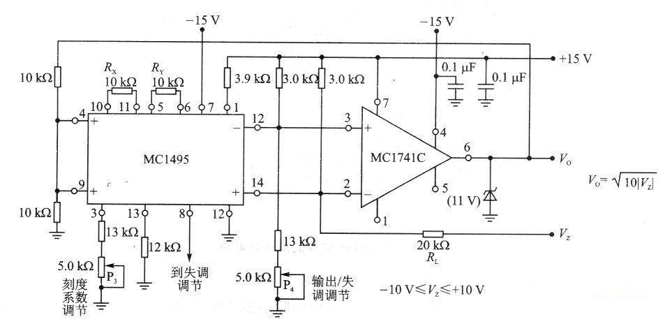 由MC1495和運(yùn)算放大器MC1741C構(gòu)成的平方根電路