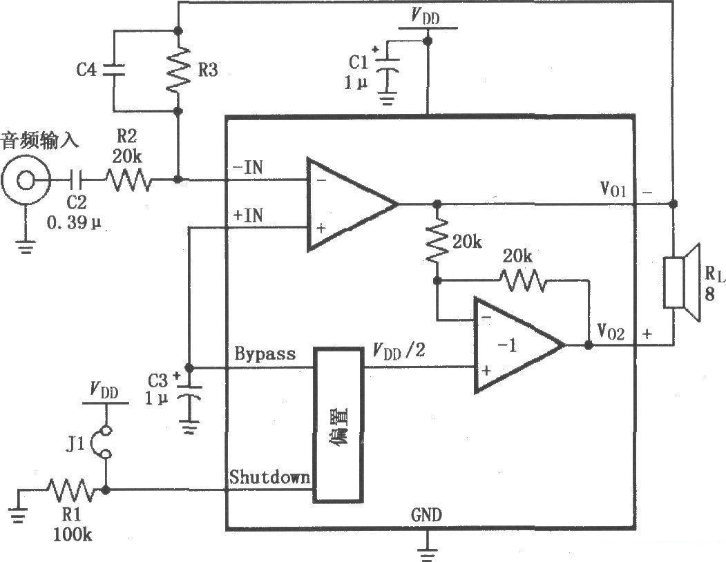 High gain audio amplifier circuit composed of LM4904