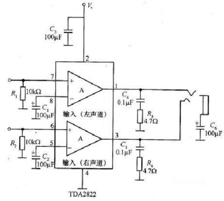 Application circuit of TDA2822 stereo headphones