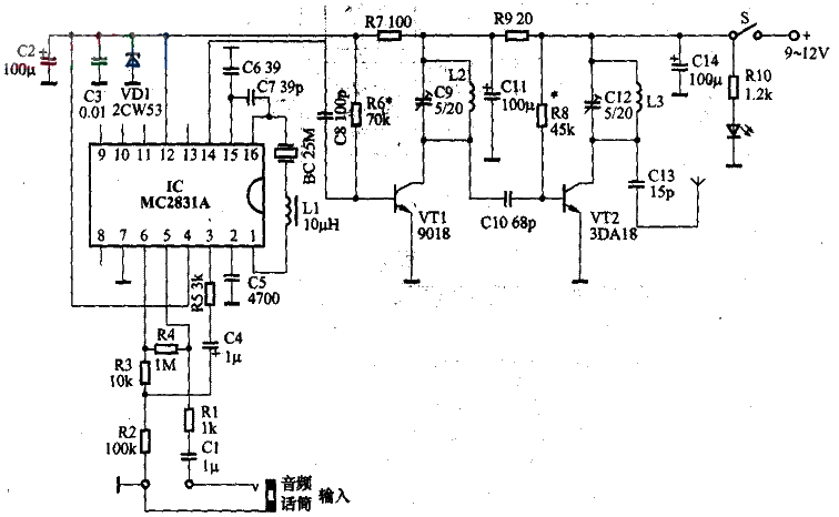 FM wireless transmitter assembled with MC2831A