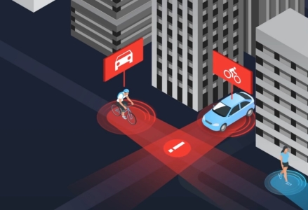 CG illustration of a bicyclist and car being warned of an imminent collision.