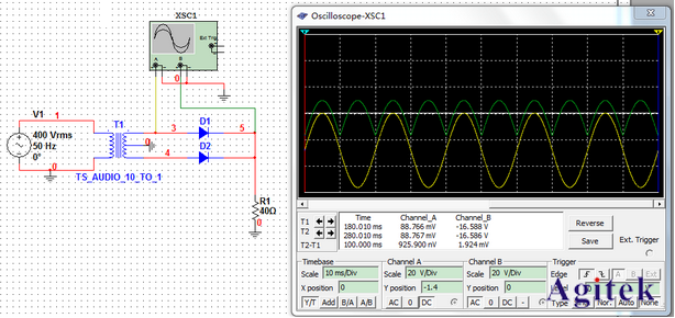 当把b通道信号耦合输入方式改为ac耦合时,b通道的波形往下移动了一个
